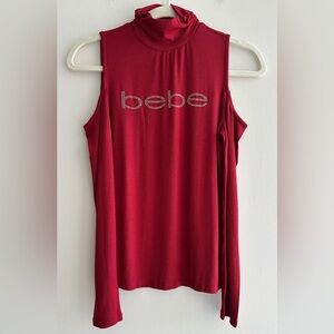 bebe Red Ribbed Cold Shoulder Turtleneck Rhinestone Logo Top, Size Small, NWT
